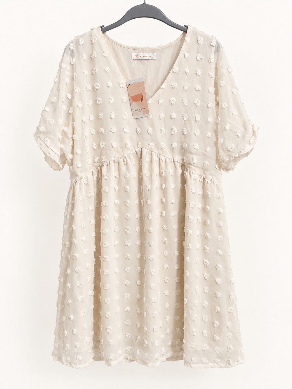 KIRUNDO XL Cream Swiss Dot Puff Sleeve V-Neck Dress